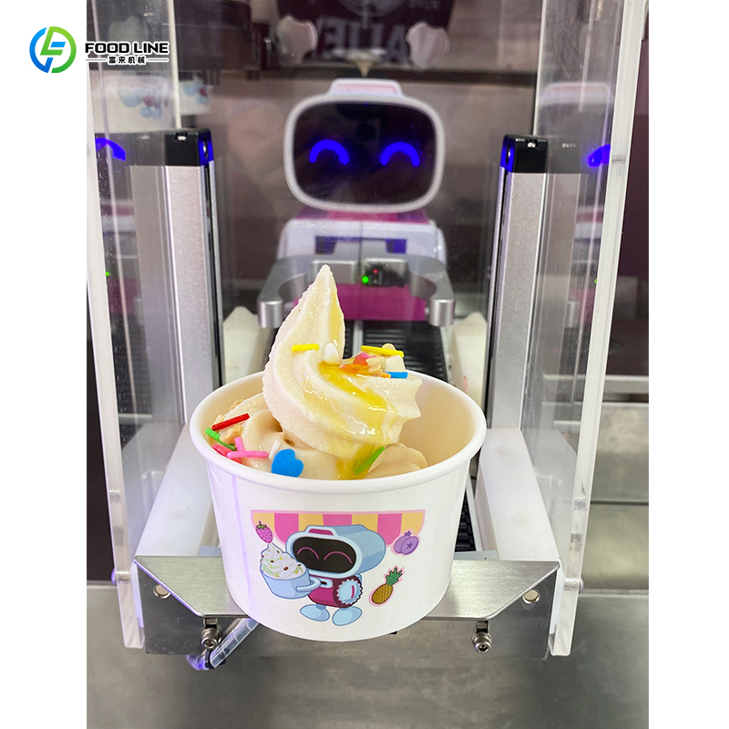 16-second fast ice cream dispensing and automatic topping alignment